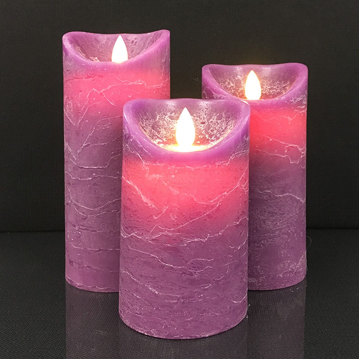 Rustic LED Pillar Candles Set of 3 with 3D Flame - 10/12.5/15 cm - Multiple Colors