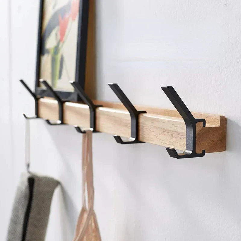 Scandinavian Style Wooden and Metal Wall Mounted Coat Rack with Movable Hooks