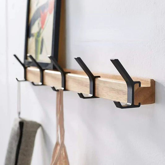 Scandinavian Style Wooden and Metal Wall Mounted Coat Rack with Movable Hooks
