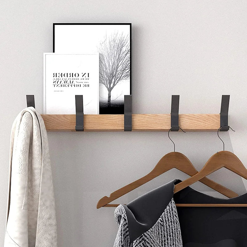 Scandinavian Style Wooden and Metal Wall Mounted Coat Rack with Movable Hooks