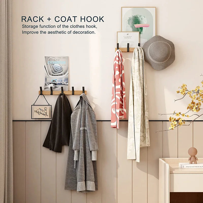 Scandinavian Style Wooden and Metal Wall Mounted Coat Rack with Movable Hooks