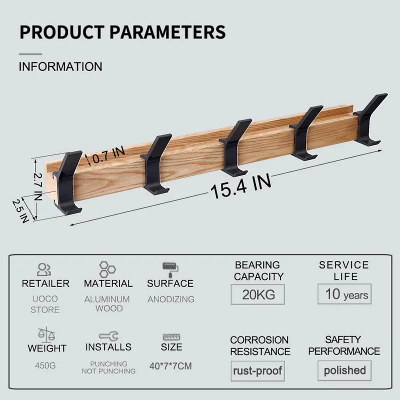 Scandinavian Style Wooden and Metal Wall Mounted Coat Rack with Movable Hooks
