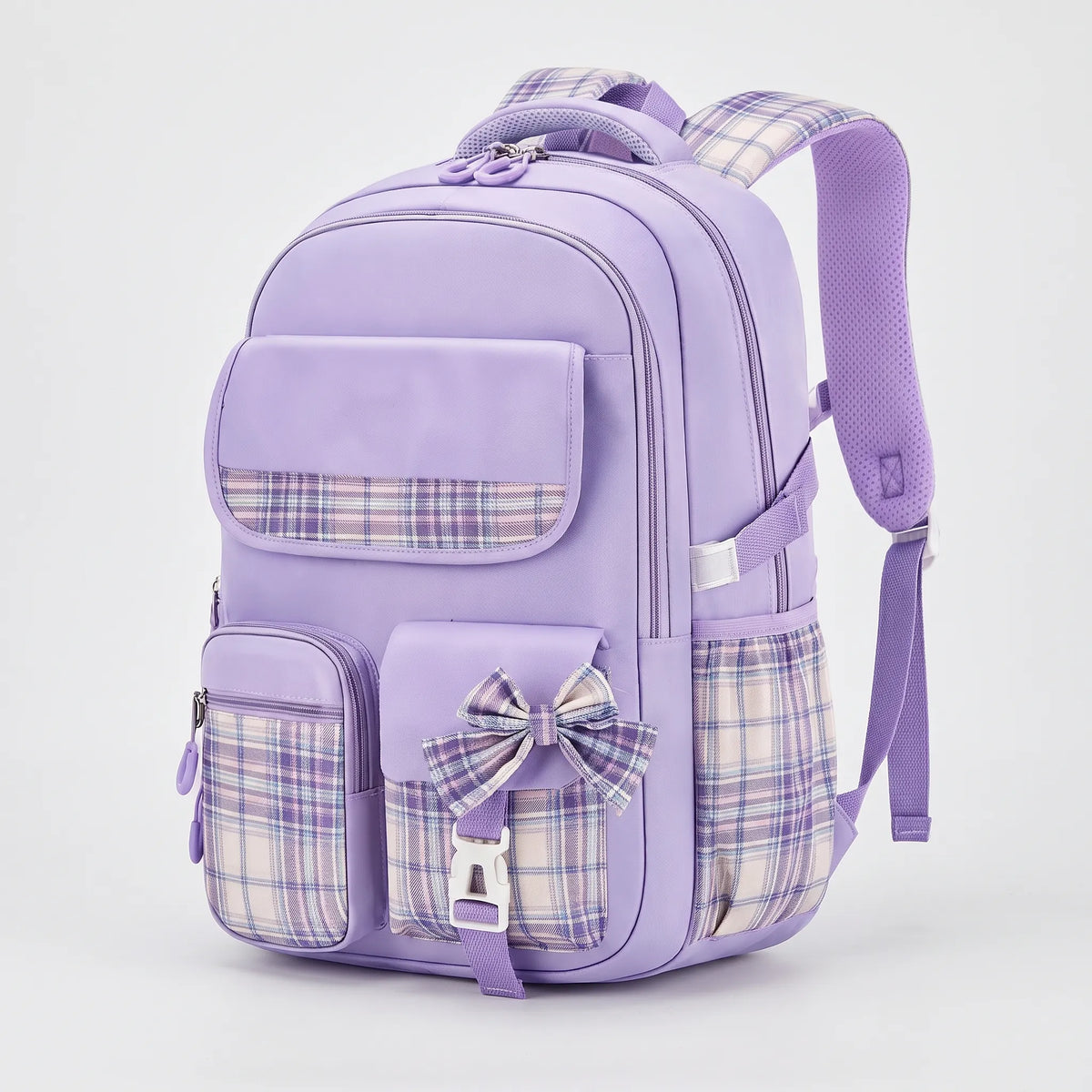 School Backpack with Plaid Detail
