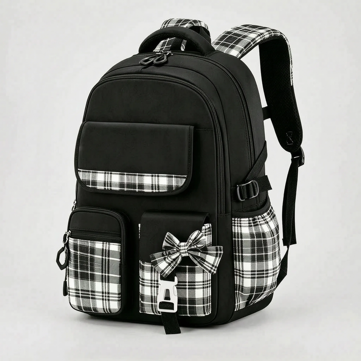 School Backpack with Plaid Detail