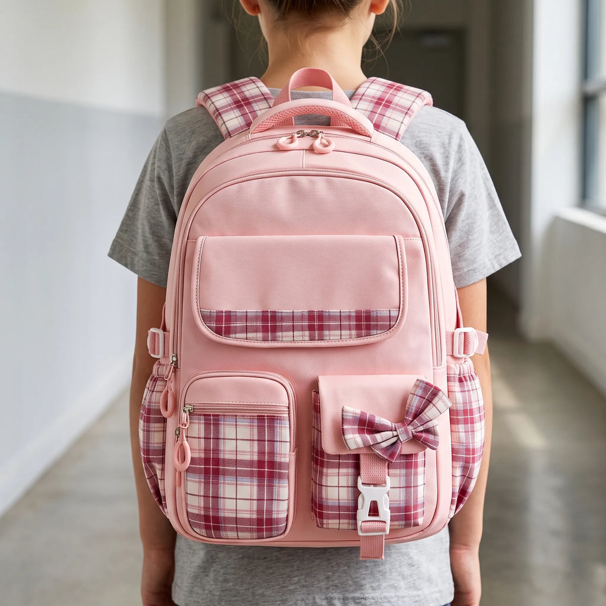 School Backpack with Plaid Detail