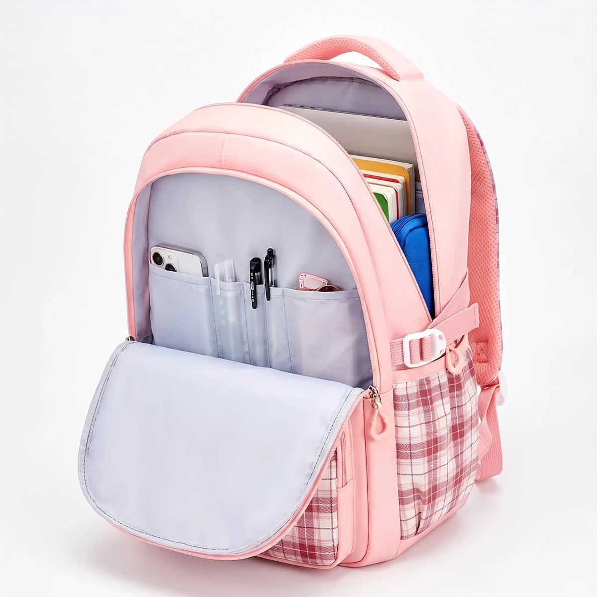 School Backpack with Plaid Detail
