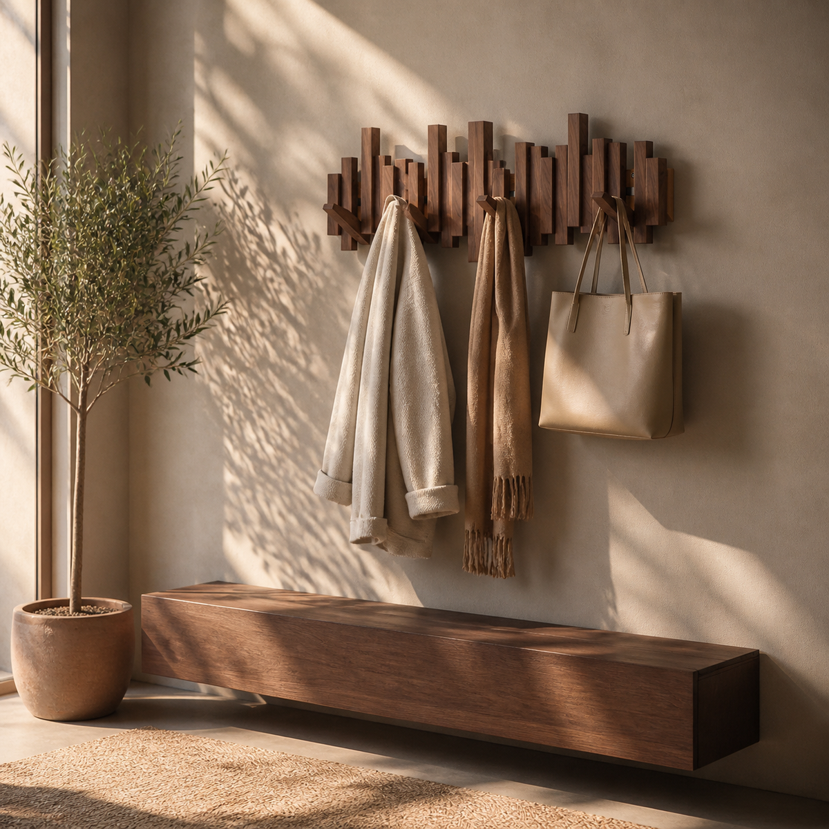 Sculptural Wooden Wall Coat Rack