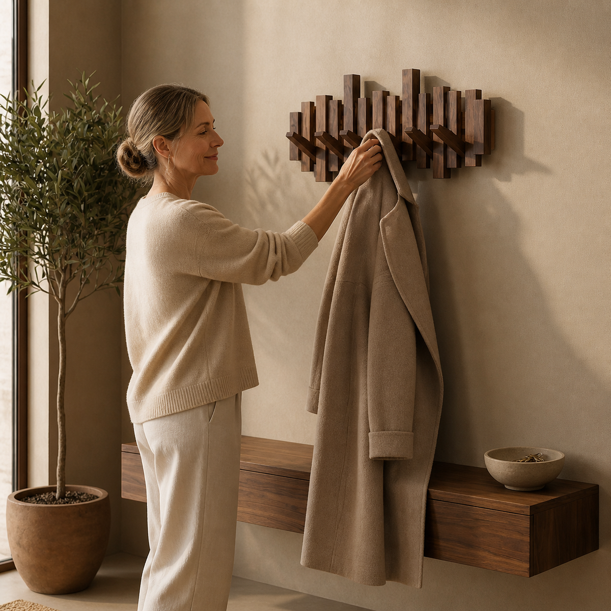 Sculptural Wooden Wall Coat Rack