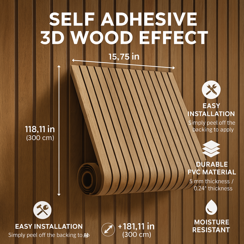 Self-Adhesive 3D Wood Effect PVC Wall Panel Roll