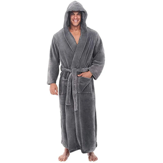 Soft Flannel Men's Hooded Bathrobe – Comfortable Long Robe for Lounging