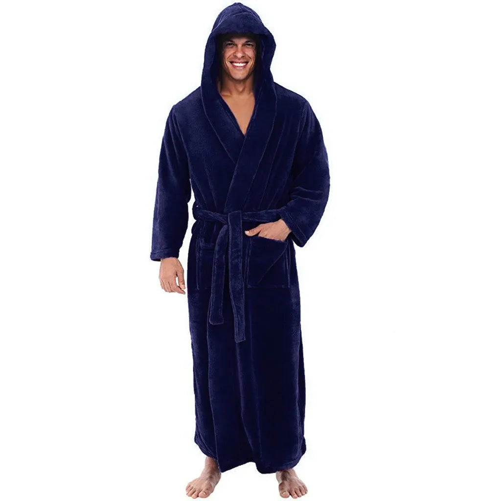 Soft Flannel Men's Hooded Bathrobe – Comfortable Long Robe for Lounging