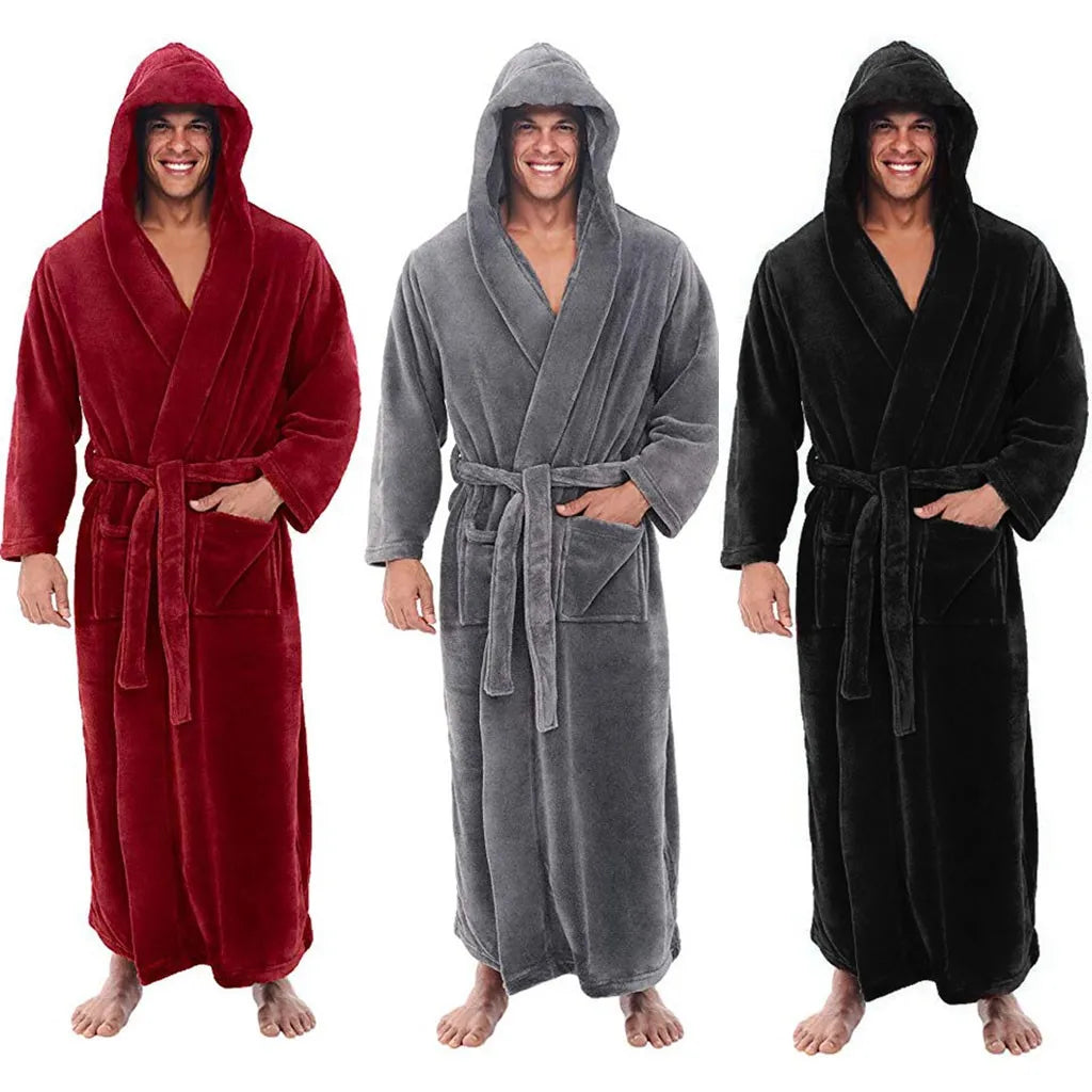 Soft Flannel Men's Hooded Bathrobe – Comfortable Long Robe for Lounging