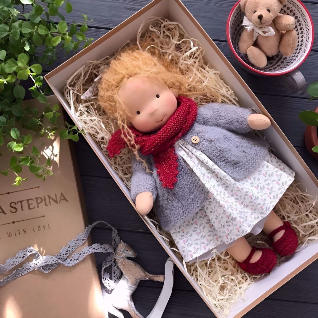 Soft Waldorf-Style Cuddle Doll with Soft Knit Cardigan