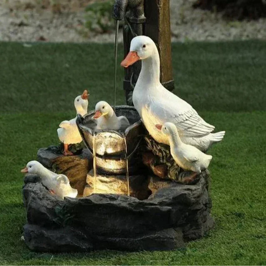 Solar Decorative Fountain Duck & Squirrel Garden Statue with LED Light in Weatherproof Resin for Patio & Balcony