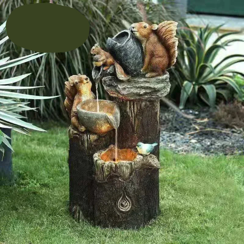 Solar Decorative Fountain Duck & Squirrel Garden Statue with LED Light in Weatherproof Resin for Patio & Balcony