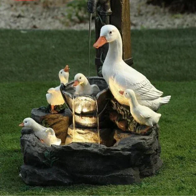 Solar Decorative Fountain Duck & Squirrel Garden Statue with LED Light in Weatherproof Resin for Patio & Balcony