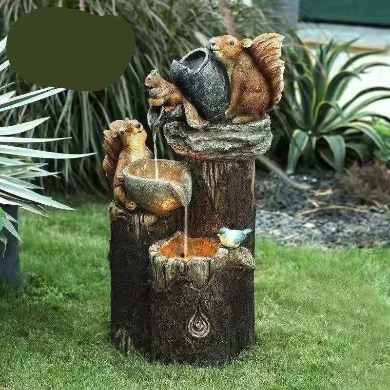 Solar Decorative Fountain Duck & Squirrel Garden Statue with LED Light in Weatherproof Resin for Patio & Balcony