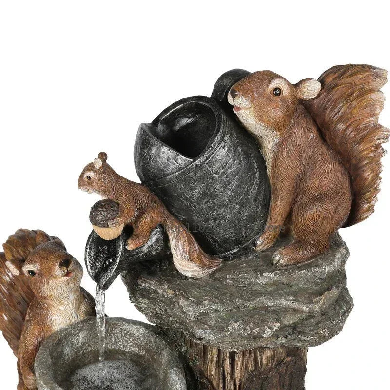 Solar Decorative Fountain Duck & Squirrel Garden Statue with LED Light in Weatherproof Resin for Patio & Balcony