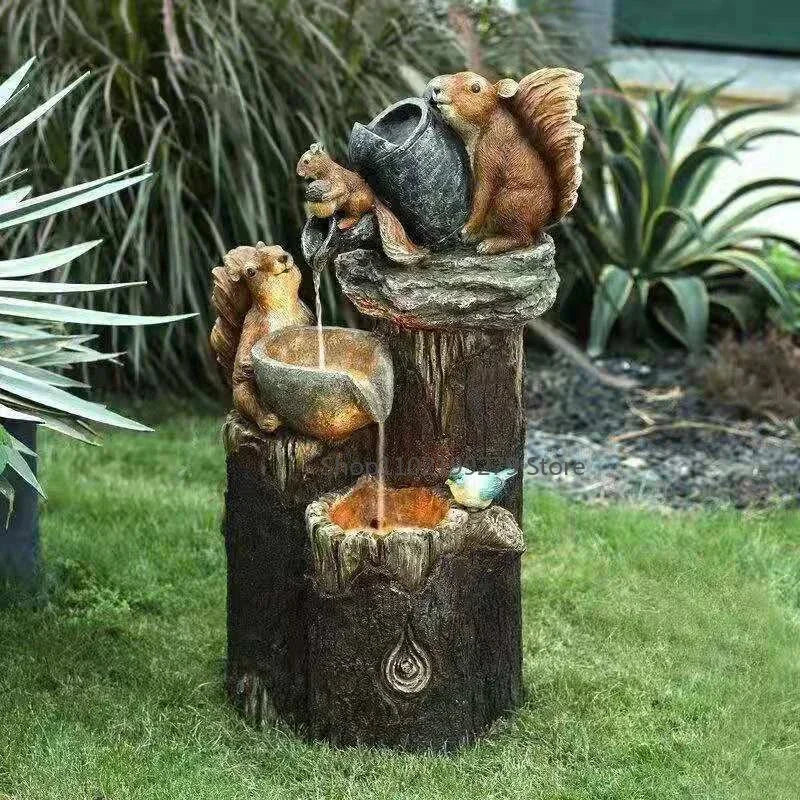 Solar Decorative Fountain Duck & Squirrel Garden Statue with LED Light in Weatherproof Resin for Patio & Balcony