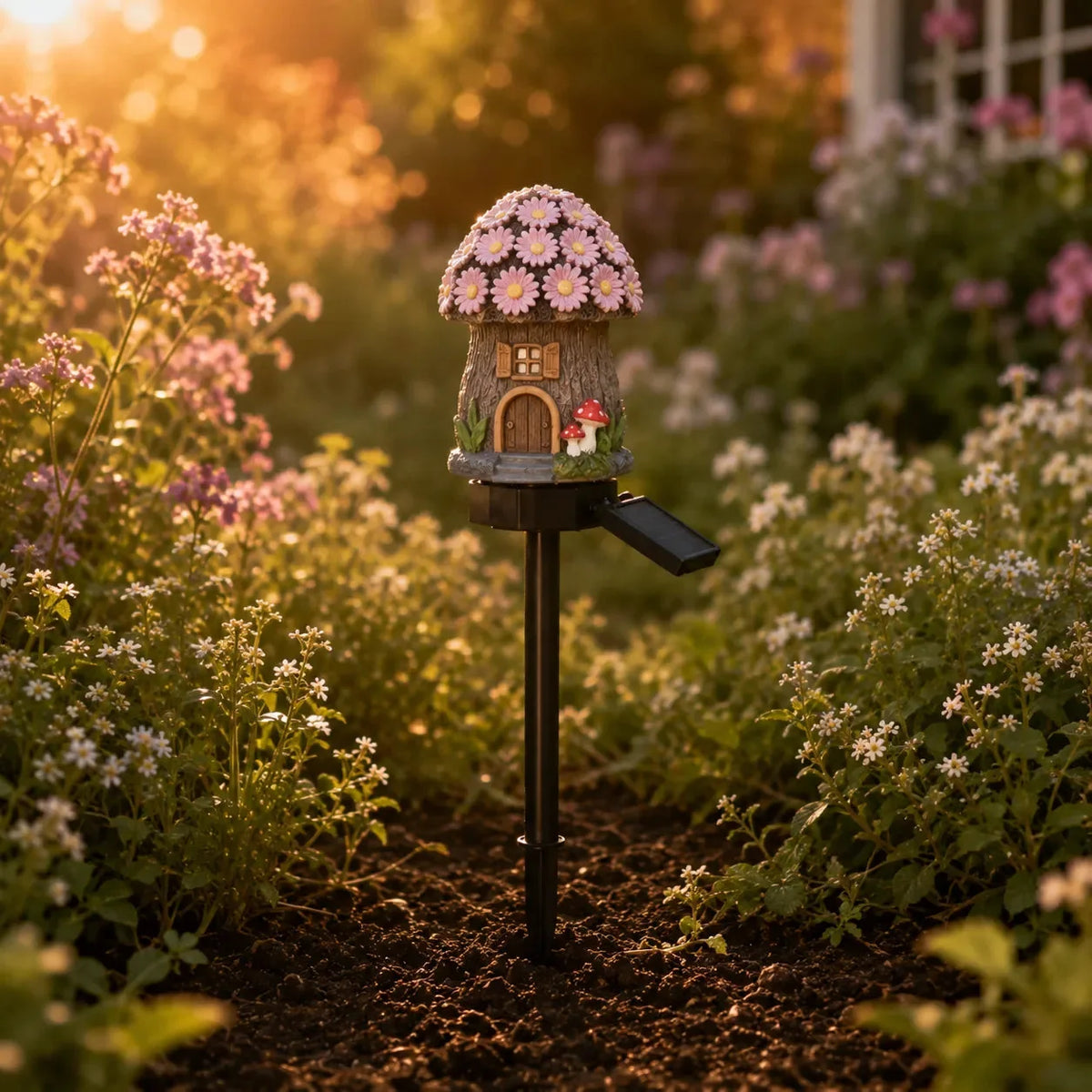 Solar Fairy Cottage Garden Stake Light, Hand-Sculpted Resin, Auto-On Warm LED