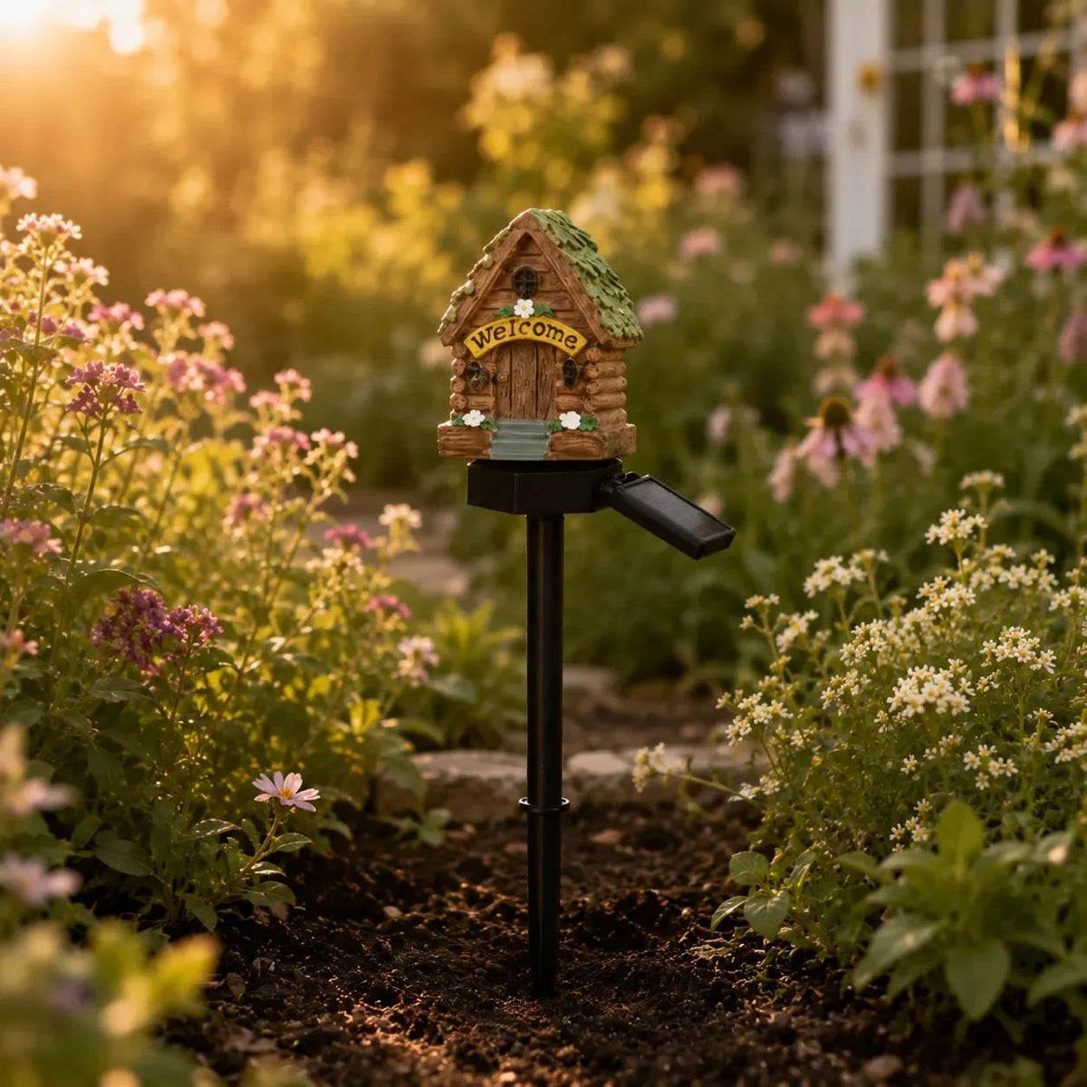 Solar Fairy Cottage Garden Stake Light, Hand-Sculpted Resin, Auto-On Warm LED