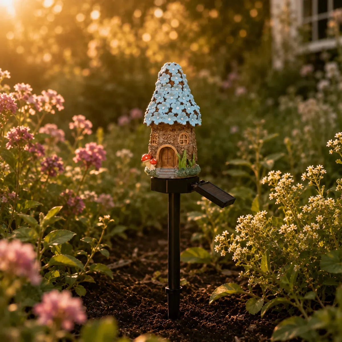 Solar Fairy Cottage Garden Stake Light, Hand-Sculpted Resin, Auto-On Warm LED