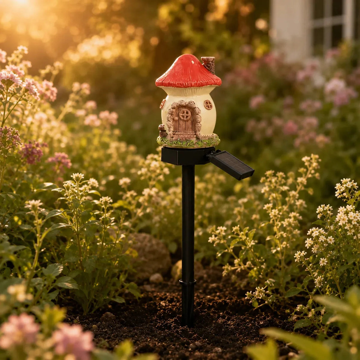 Solar Fairy Cottage Garden Stake Light, Hand-Sculpted Resin, Auto-On Warm LED