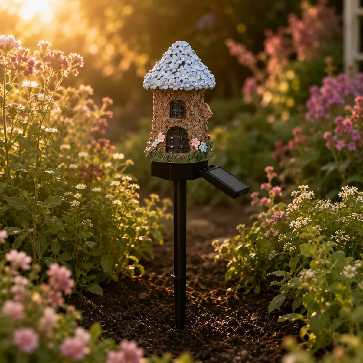 Solar Fairy Cottage Garden Stake Light, Hand-Sculpted Resin, Auto-On Warm LED
