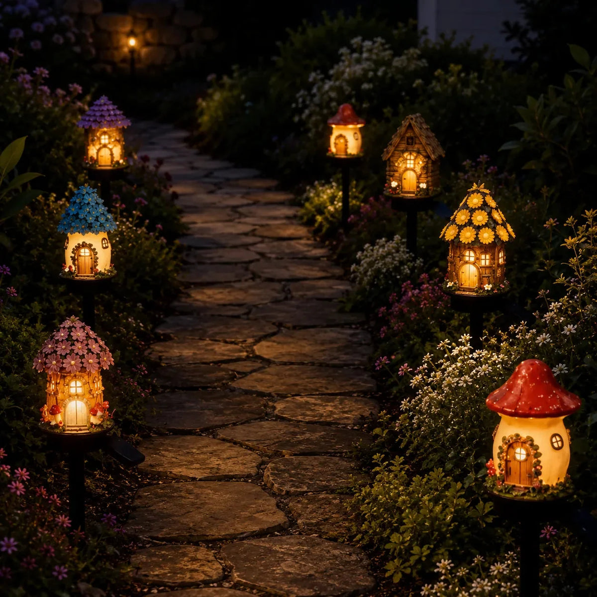 Solar Fairy Cottage Garden Stake Light, Hand-Sculpted Resin, Auto-On Warm LED