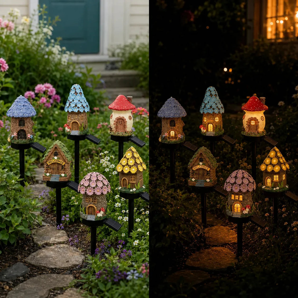 Solar Fairy Cottage Garden Stake Light, Hand-Sculpted Resin, Auto-On Warm LED