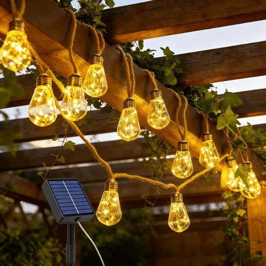 Solar Hemp Rope String Lights with Vintage LED Bulbs