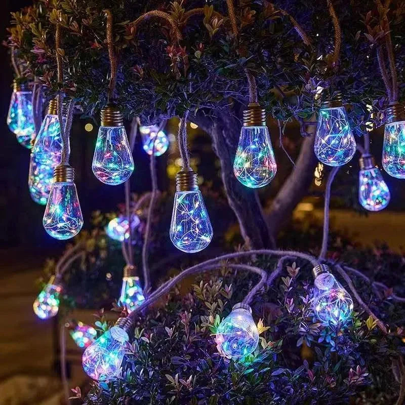Solar Hemp Rope String Lights with Vintage LED Bulbs