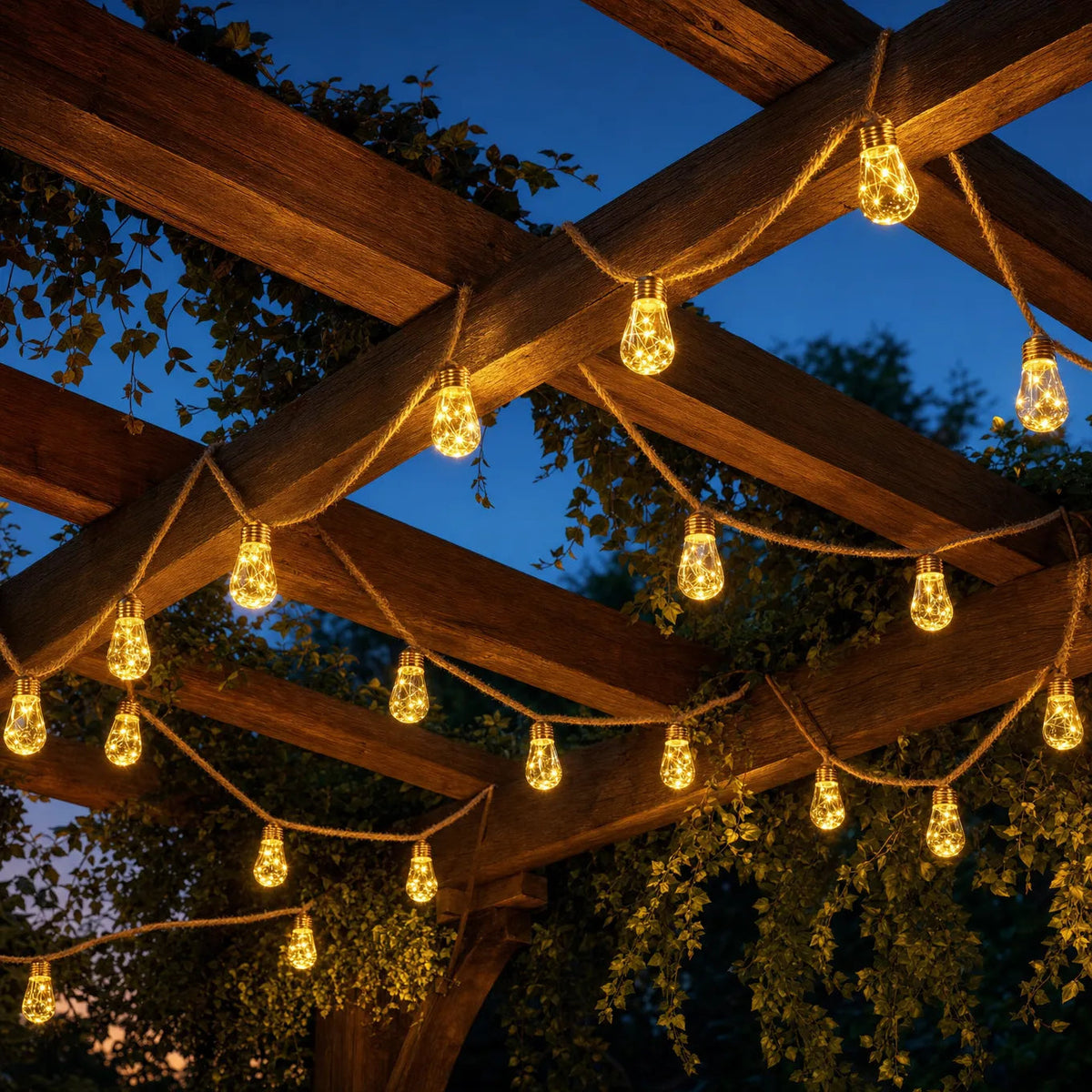 Solar Hemp Rope String Lights with Vintage LED Bulbs