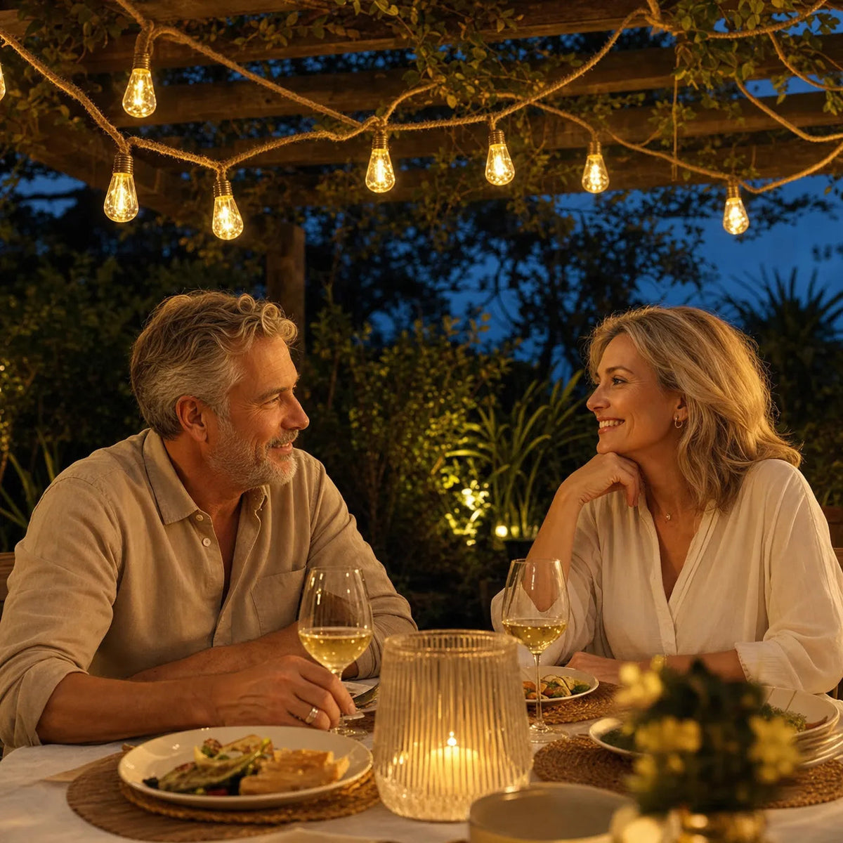 Solar Hemp Rope String Lights with Vintage LED Bulbs