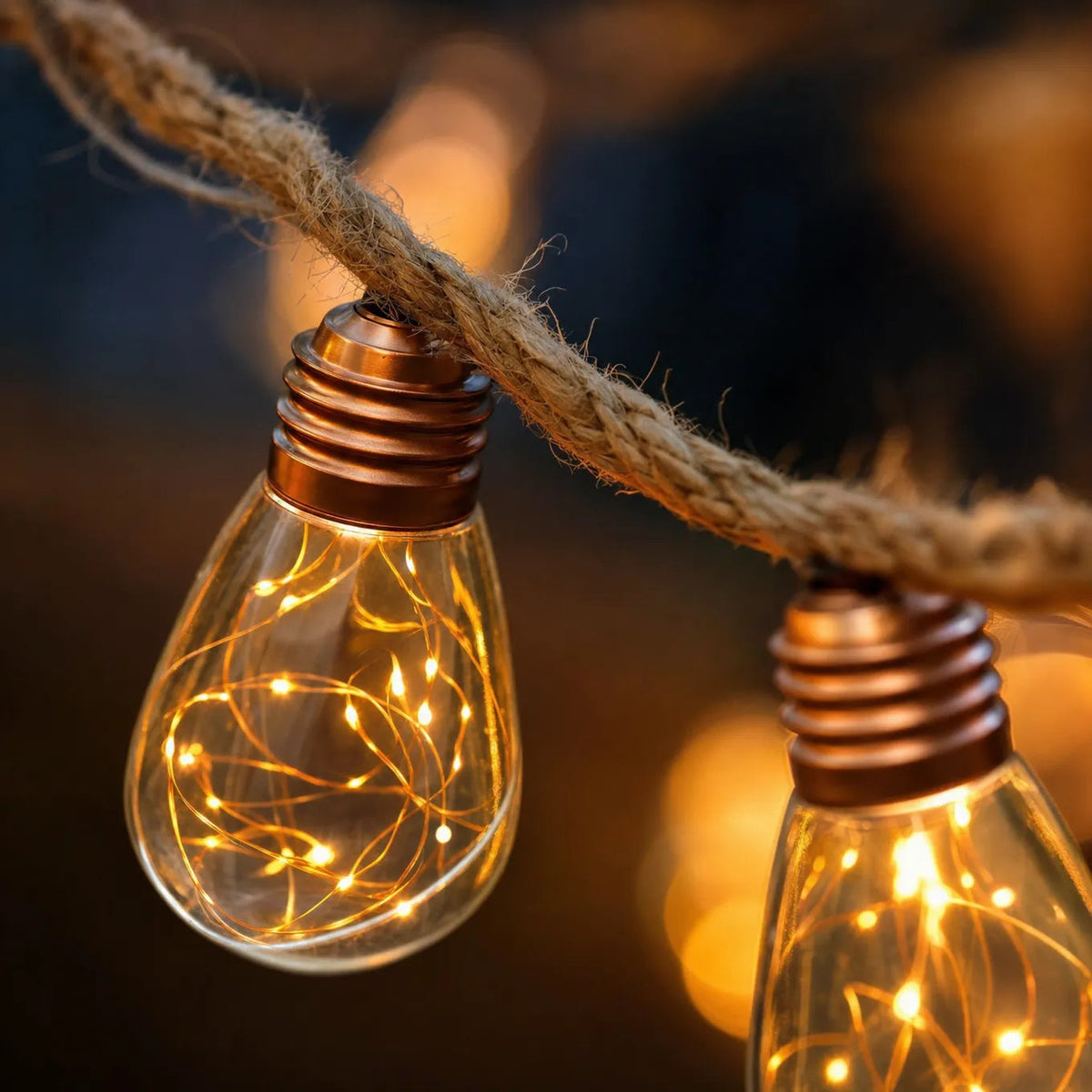 Solar Hemp Rope String Lights with Vintage LED Bulbs