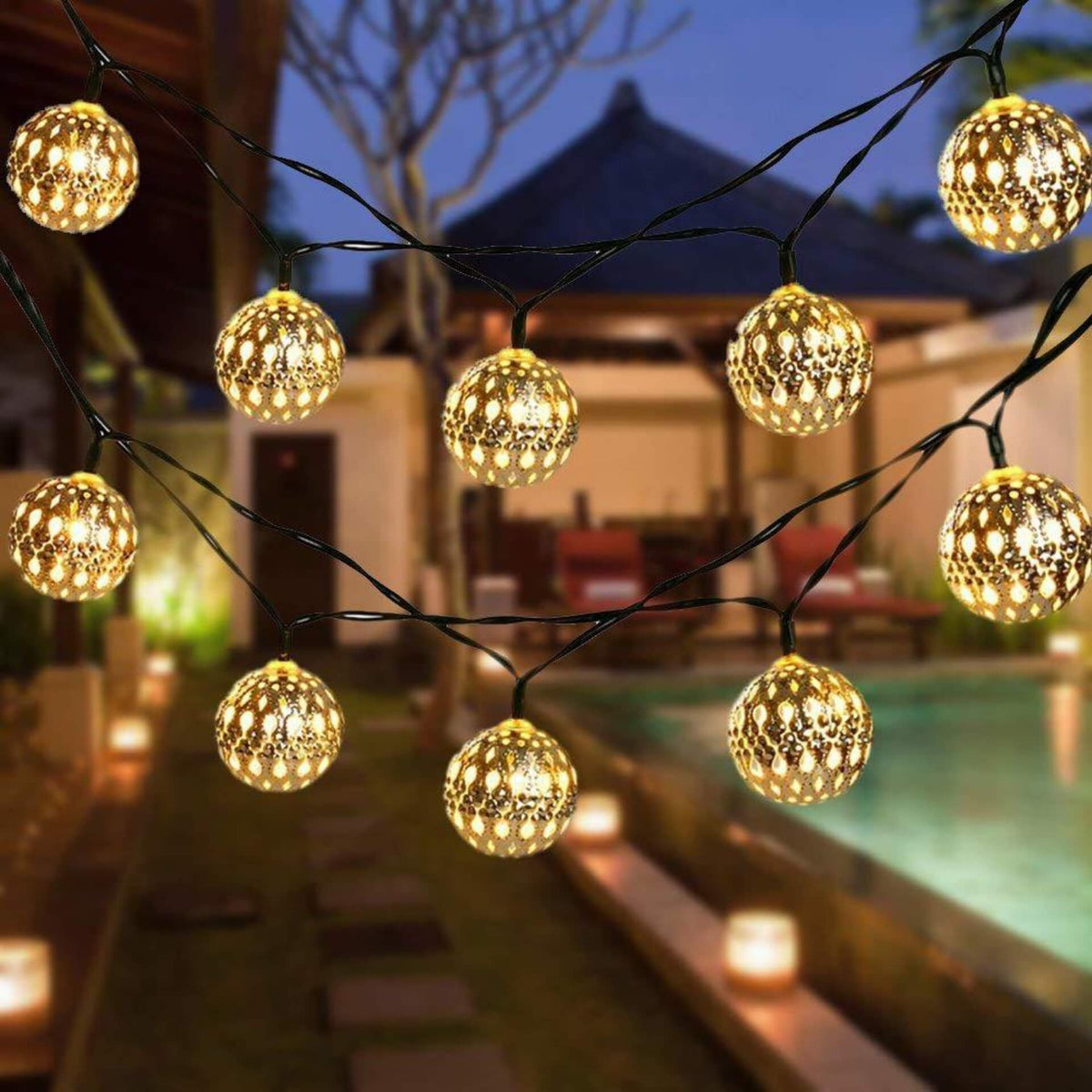 Solar-Powered Metal Globe String Lights for Outdoor Lighting