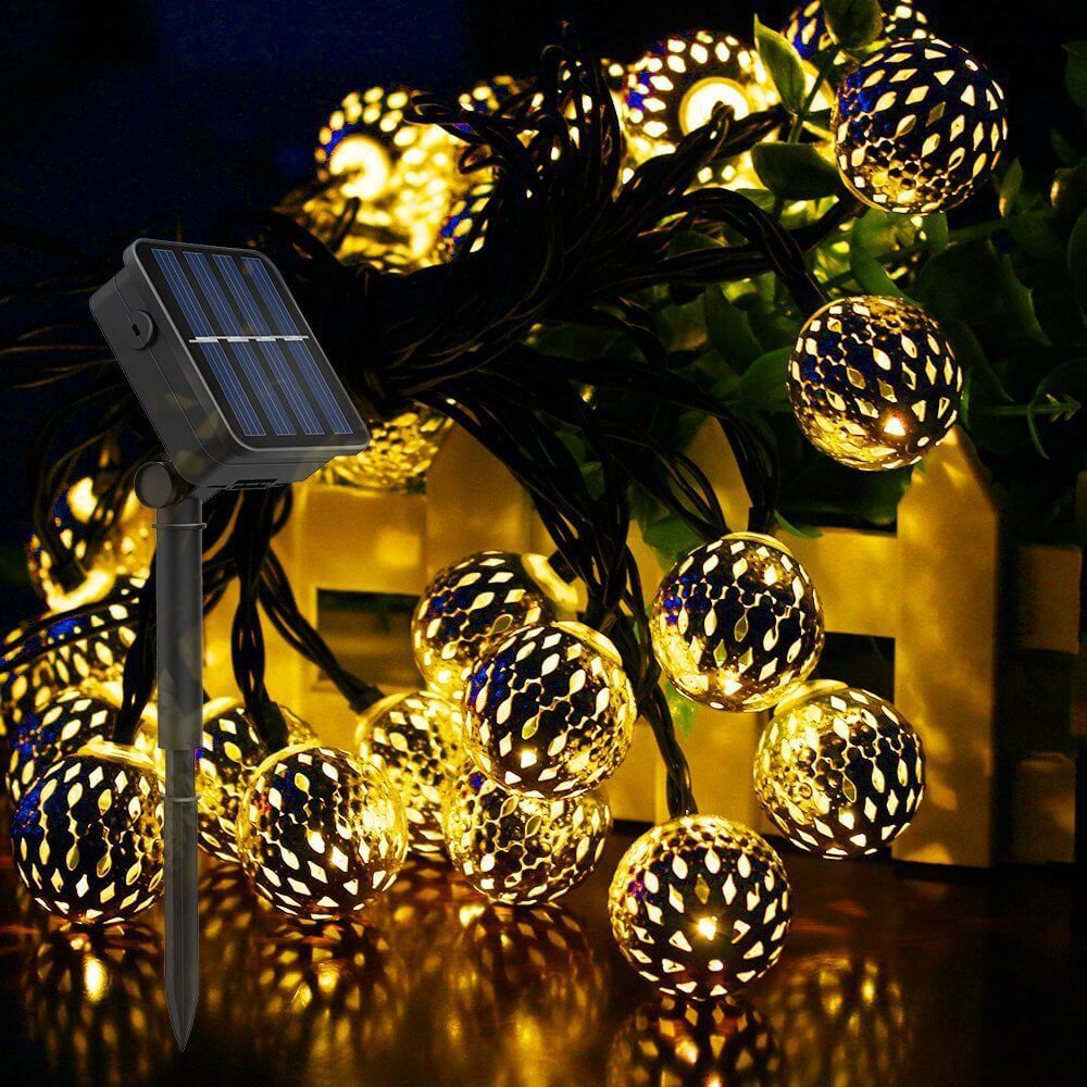 Solar-Powered Metal Globe String Lights for Outdoor Lighting