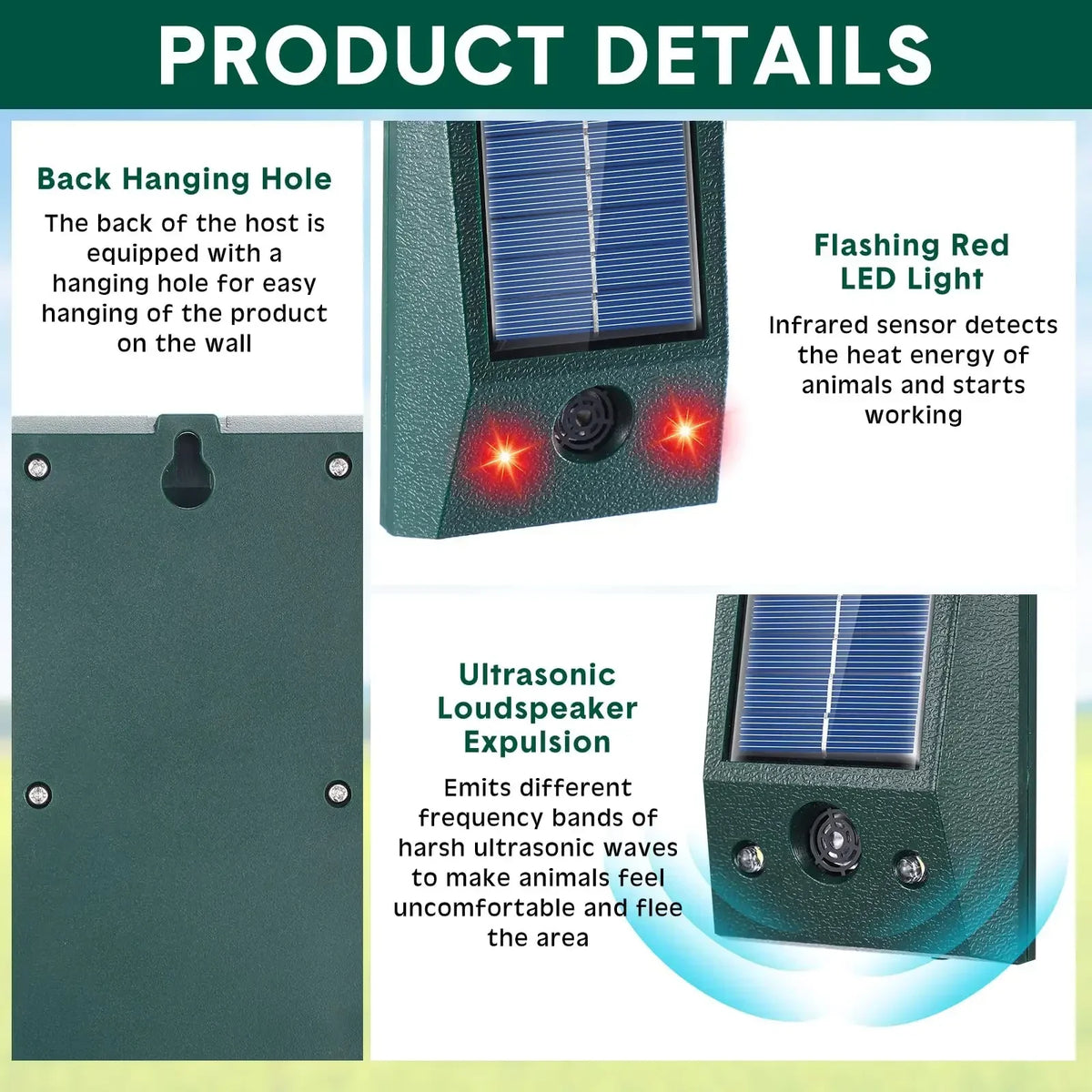 Solar Ultrasonic Bird Repeller with LED and Motion Sensor - IP58 Waterproof - 600 m² Coverage