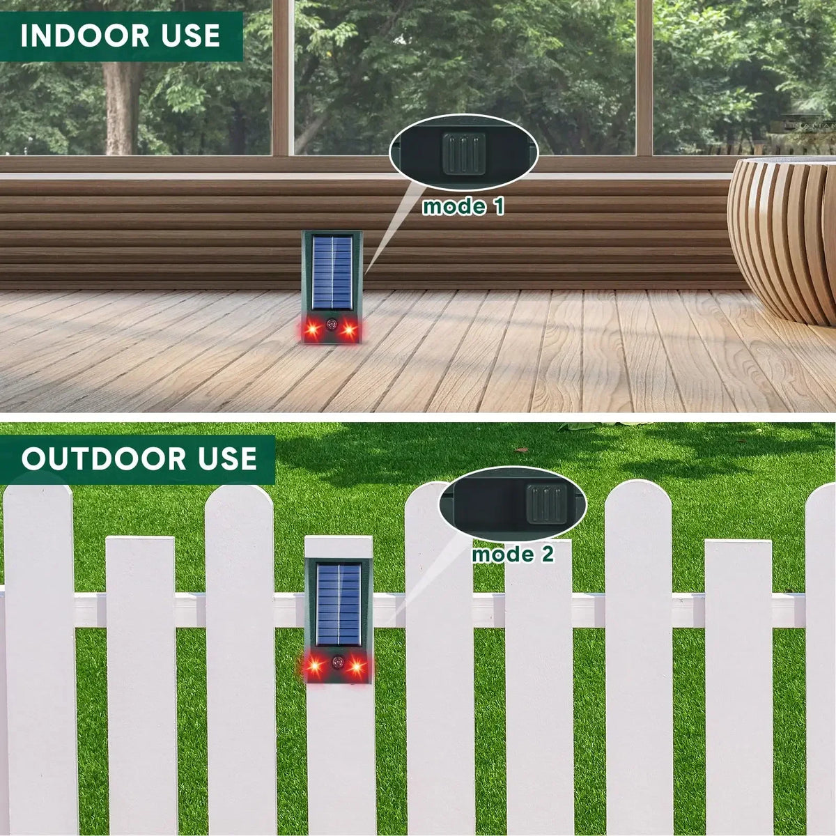 Solar Ultrasonic Bird Repeller with LED and Motion Sensor - IP58 Waterproof - 600 m² Coverage