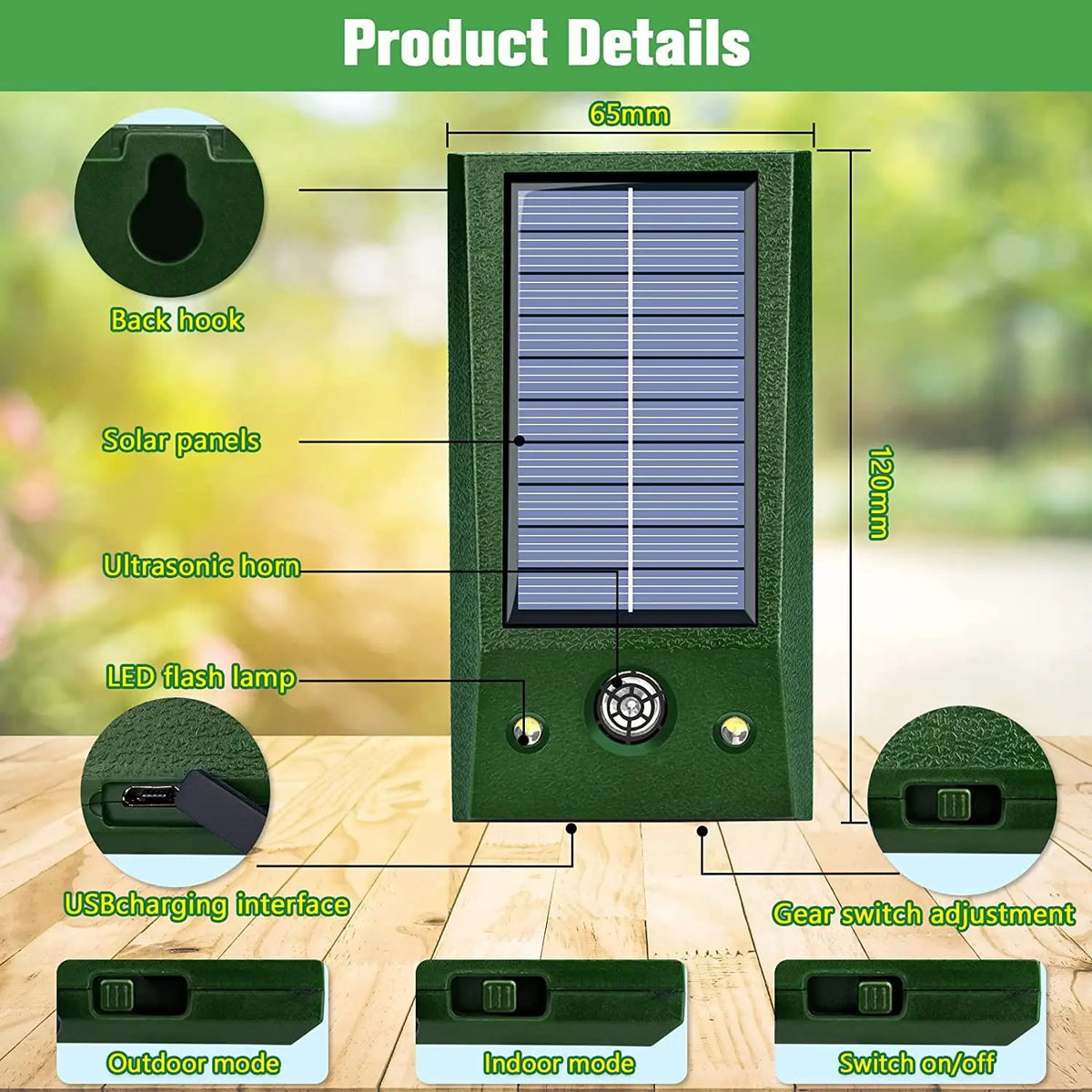 Solar Ultrasonic Bird Repeller with LED and Motion Sensor - IP58 Waterproof - 600 m² Coverage