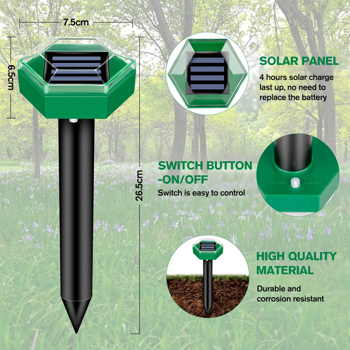 Solar Ultrasonic Mole Repellers, Pack of 4, IP65 Waterproof, 465 m² Coverage Each