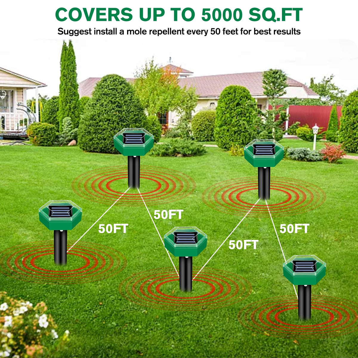 Solar Ultrasonic Mole Repellers, Pack of 4, IP65 Waterproof, 465 m² Coverage Each