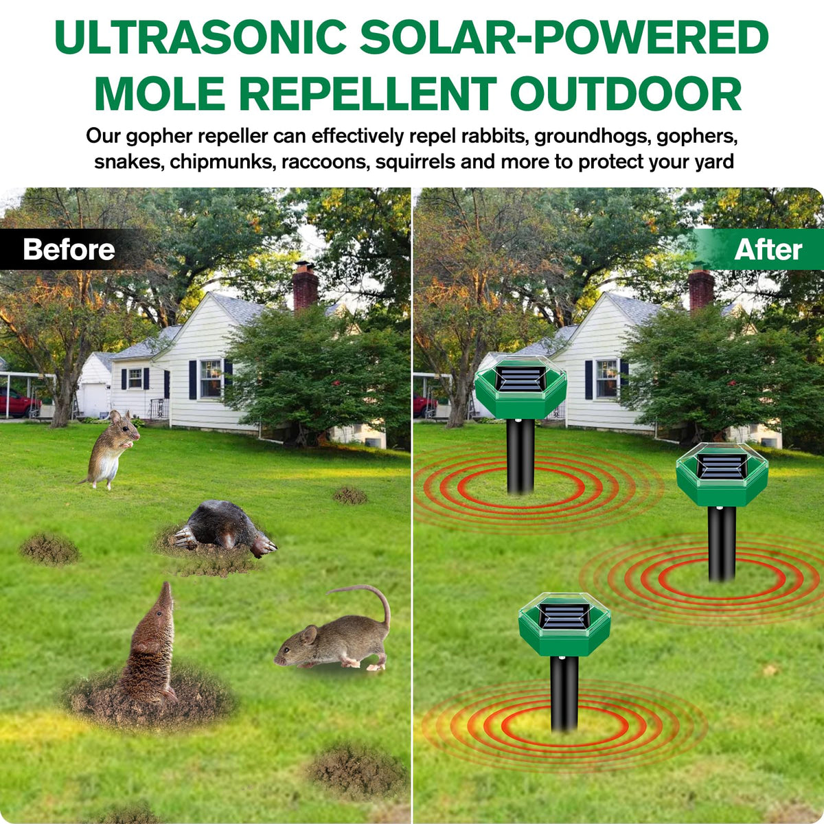 Solar Ultrasonic Mole Repellers, Pack of 4, IP65 Waterproof, 465 m² Coverage Each