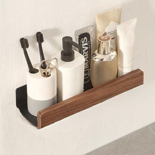 Solid Wood Bathroom Shelf – No-Drill Wall-Mounted Bathroom Organiser