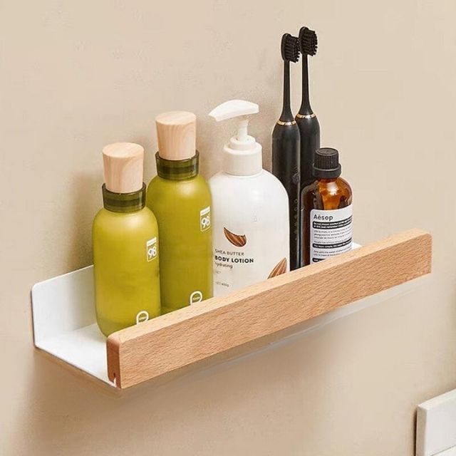Solid Wood Bathroom Shelf – No-Drill Wall-Mounted Bathroom Organiser