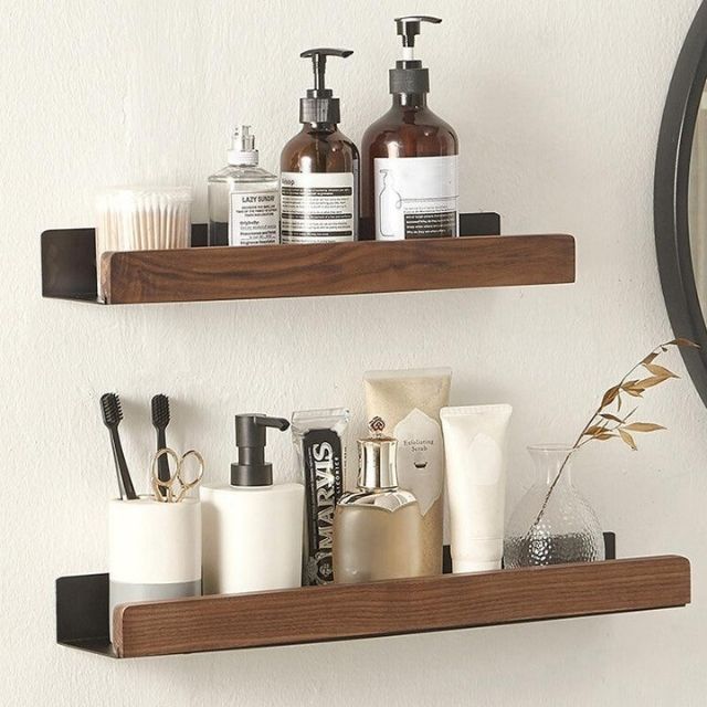 Solid Wood Bathroom Shelf – No-Drill Wall-Mounted Bathroom Organiser