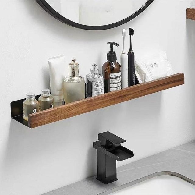 Solid Wood Bathroom Shelf – No-Drill Wall-Mounted Bathroom Organiser