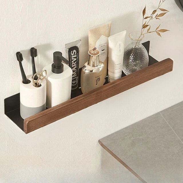 Solid Wood Bathroom Shelf – No-Drill Wall-Mounted Bathroom Organiser