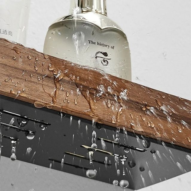 Solid Wood Bathroom Shelf – No-Drill Wall-Mounted Bathroom Organiser