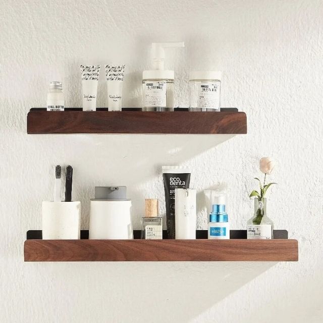 Solid Wood Bathroom Shelf – No-Drill Wall-Mounted Bathroom Organiser